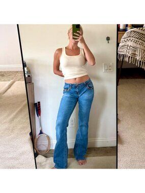GRACE BLUE LOW WAIST Y2K BEADED FLARE DENIM JEANS WOMENS 30